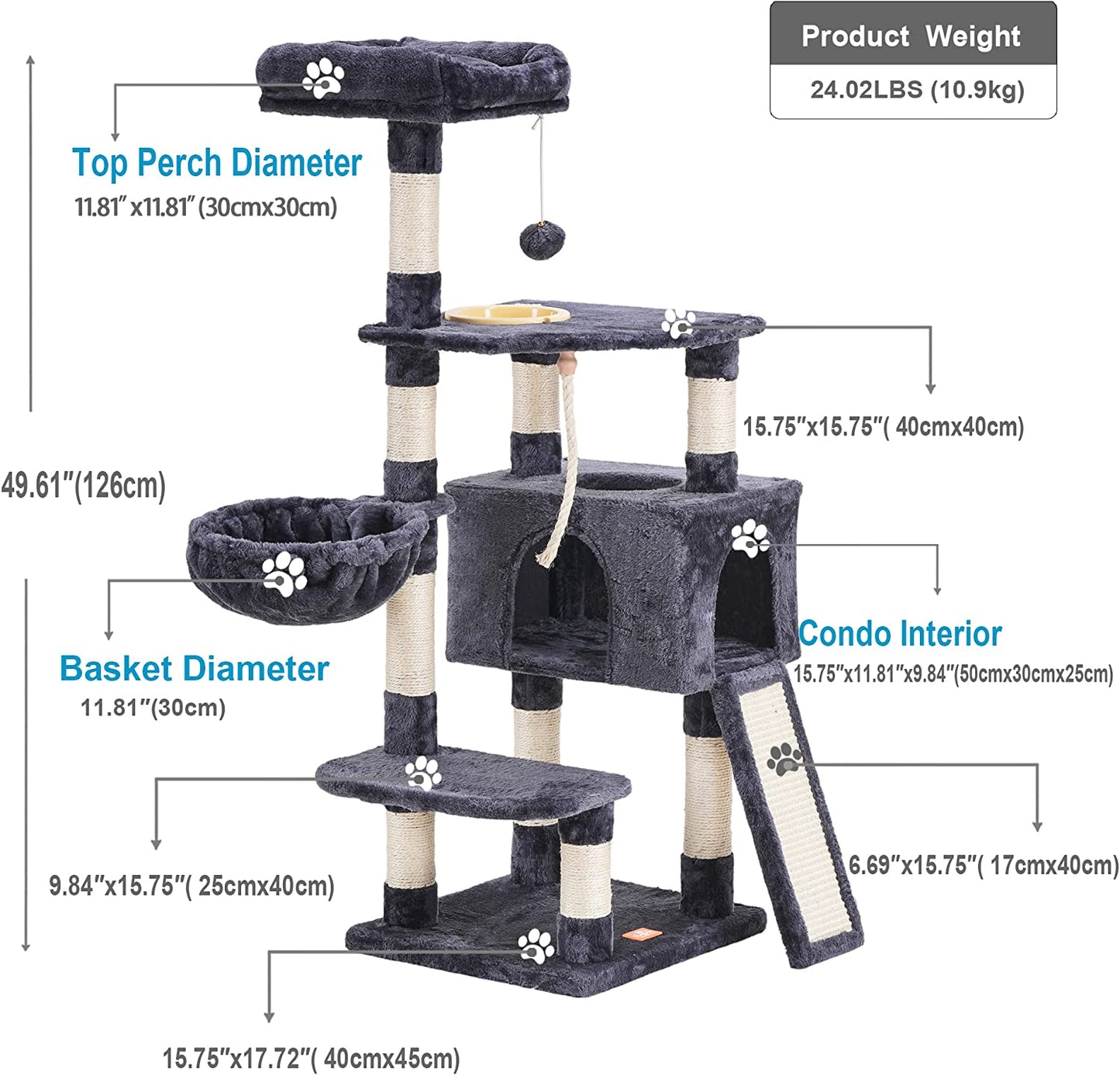 Cat Tree, Cat Tower for Indoor Cats with Scratching Board, Multi-Level Cat Furniture Condo with Feeding Bowl, Smoky Gray HCT010G