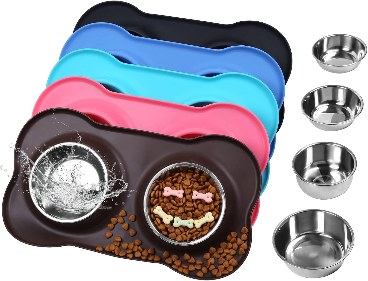 Dog Bowls, Dog Food Bowls, Stainless Steel Cat Puppy Water Bowls with Non Spill Skid Resistant Silicone Mat, Medium, Chocolate