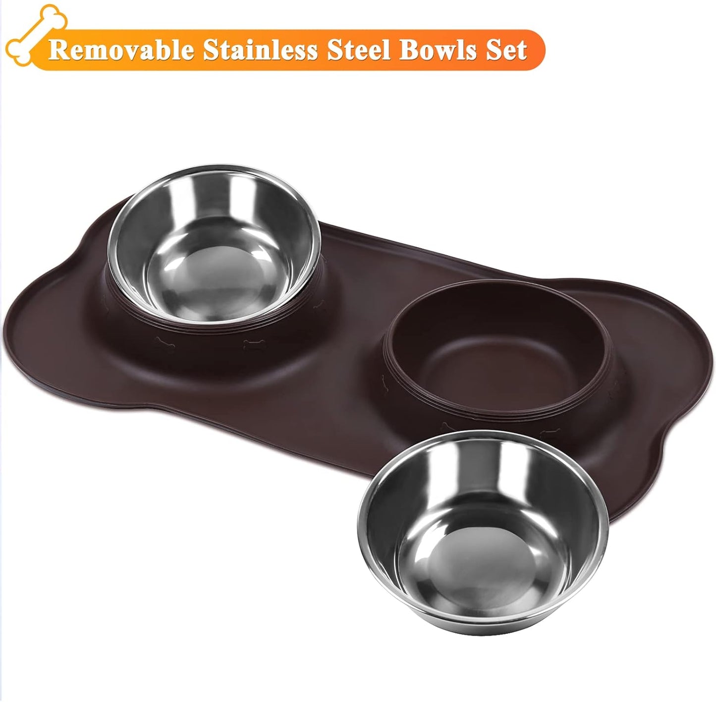Dog Bowls, Dog Food Bowls, Stainless Steel Cat Puppy Water Bowls with Non Spill Skid Resistant Silicone Mat, Medium, Chocolate