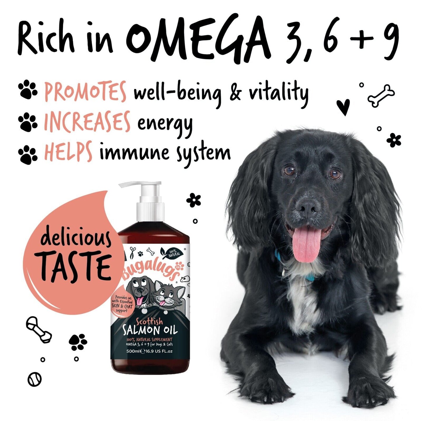 Bugalugs 100% Pure Salmon Oil for Dogs, Cats & Pets 500Ml, Healthy Skin & Coat