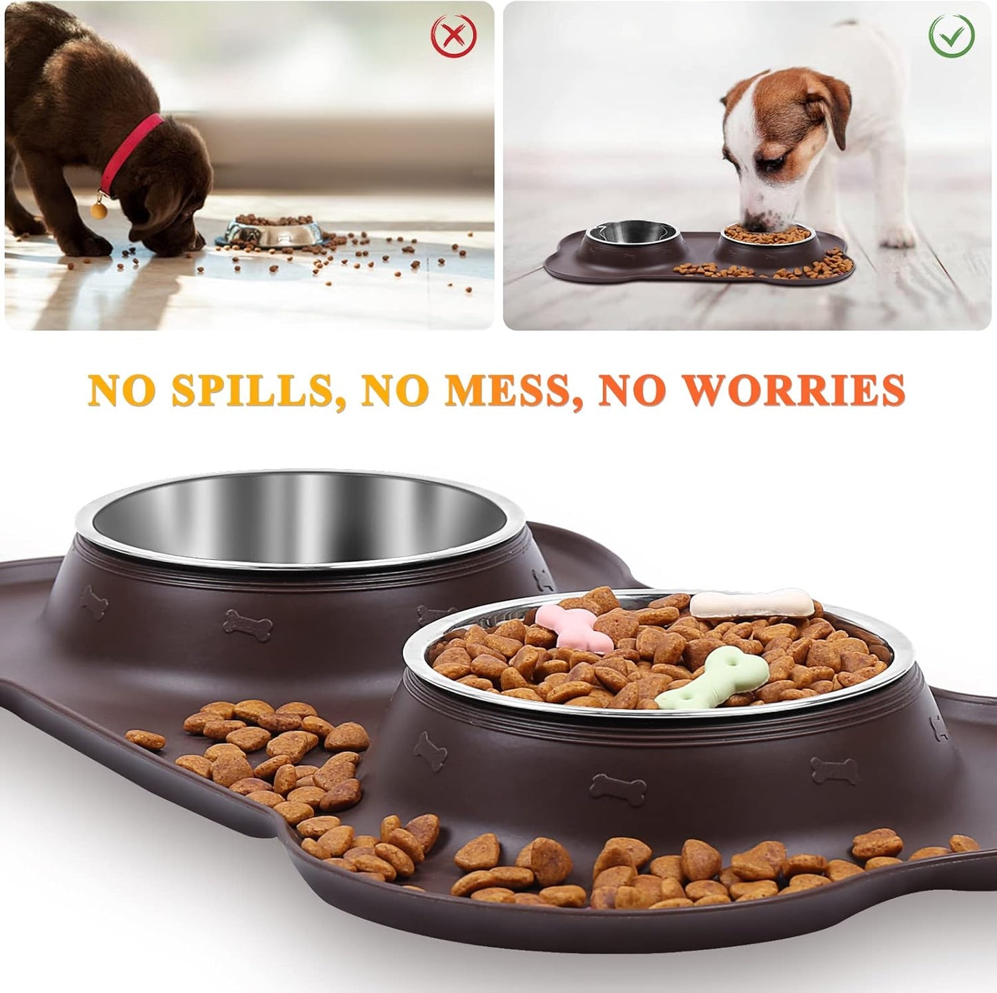 Dog Bowls, Dog Food Bowls, Stainless Steel Cat Puppy Water Bowls with Non Spill Skid Resistant Silicone Mat, Medium, Chocolate