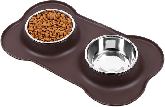 Dog Bowls, Dog Food Bowls, Stainless Steel Cat Puppy Water Bowls with Non Spill Skid Resistant Silicone Mat, Medium, Chocolate