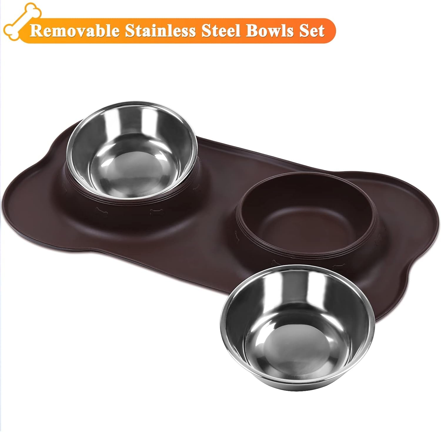 Dog Bowls, Dog Food Bowls, Stainless Steel Cat Puppy Water Bowls with Non Spill Skid Resistant Silicone Mat, Medium, Chocolate