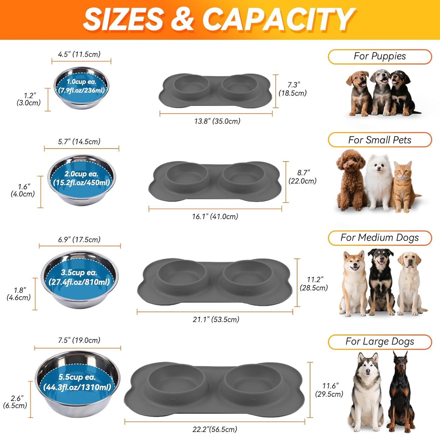 Dog Bowls, Dog Food Bowls, Stainless Steel Cat Puppy Water Bowls with Non Spill Skid Resistant Silicone Mat, Medium, Chocolate